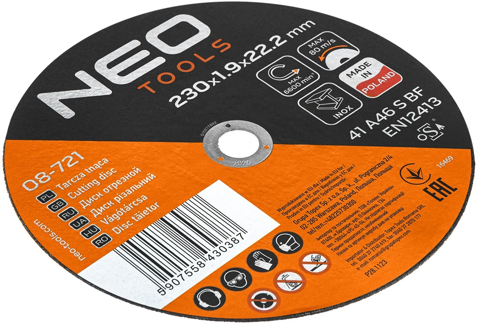 Neo Tools Tarcze Pjovimo diskai metalui/INOX 230 x 1,9 x 22,2 mm, 41 A46-S-BF, 25 vnt. dėžutė. Pagaminta Lenkijoje.