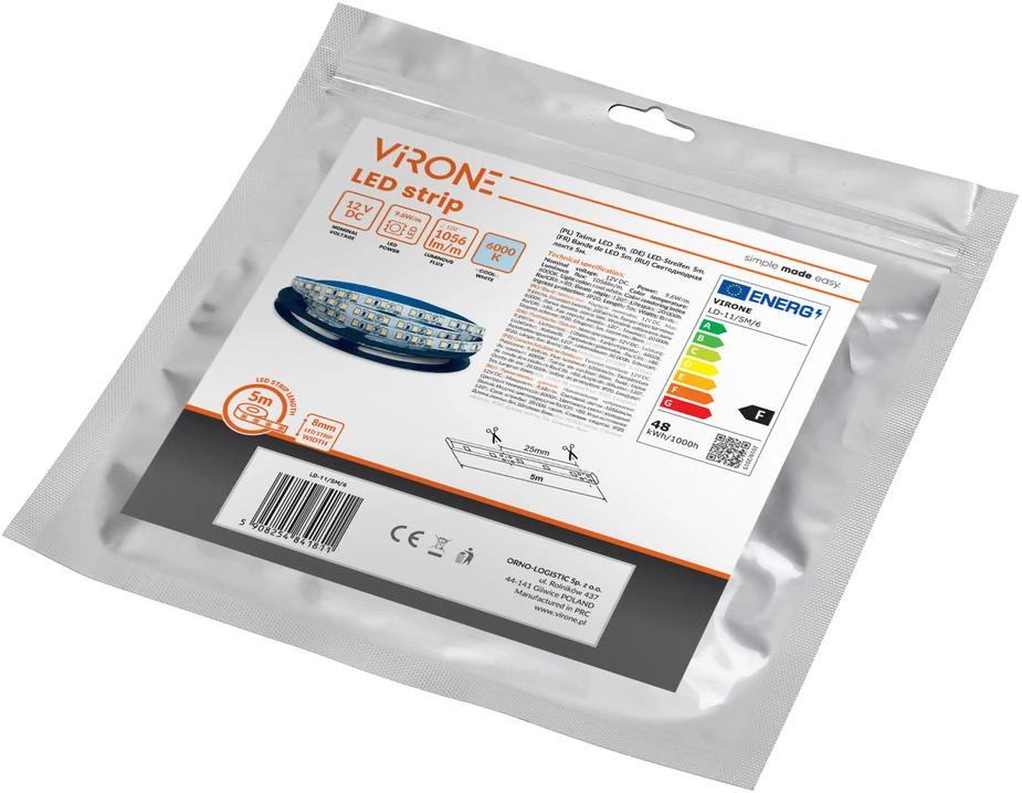 Orno Taśma LED juosta 12V, 2835, 120L/m, 1000lm/m, 9.6W/m, IP20, 6000K, 5m