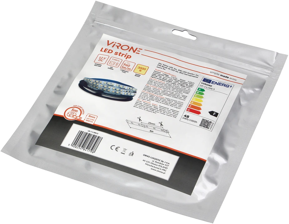 Orno Taśma LED juosta 12V, 2835, 120L/m, 1000lm/m, 9.6W/m, IP20, 3000K, 5m