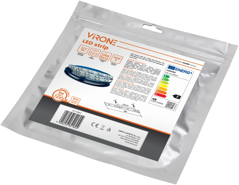 Orno Taśma LED juosta 12V, 2835, 120L/m, 1000lm/m, 9.6W/m, IP20, 4000K, 5m