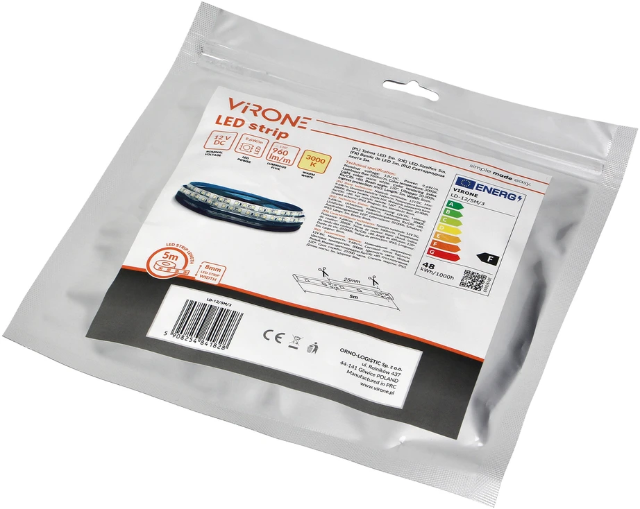 Orno Taśma LED juosta 12V, 2835, 120L/m, 760lm/m, 9.6W/m, IP63, 3000K, 5m