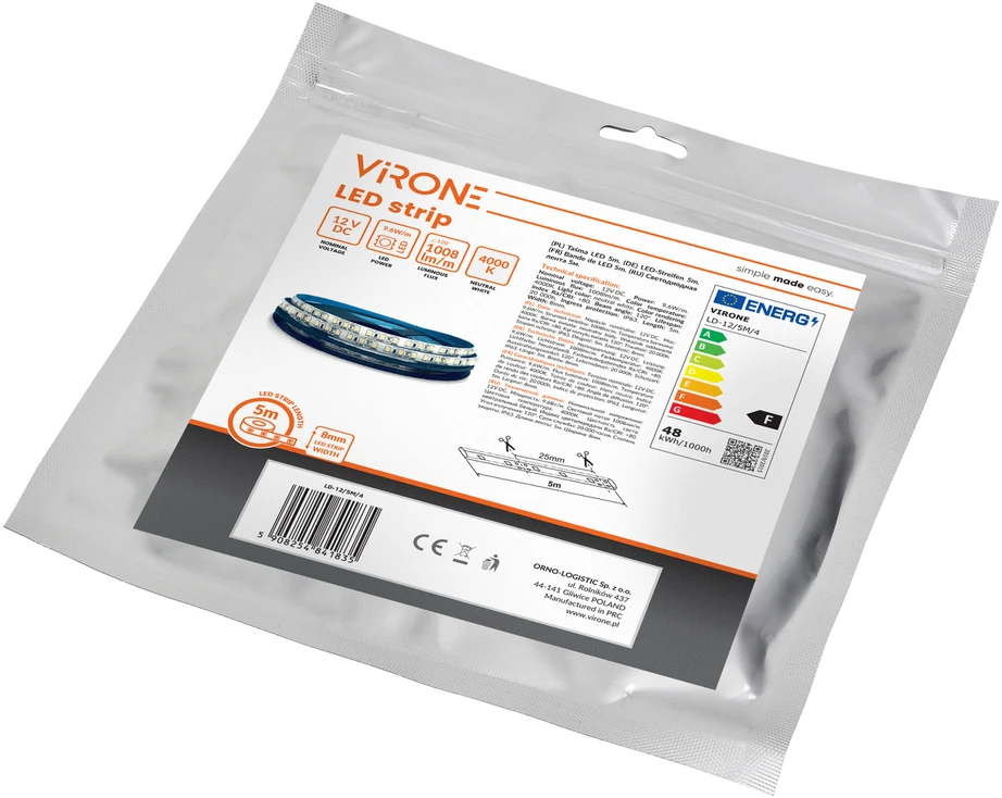 Orno Taśma LED juosta 12V, 2835, 120L/m, 760lm/m, 9.6W/m, IP63, 4000K, 5m