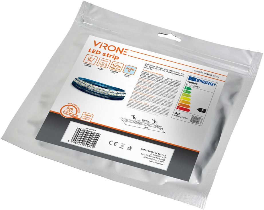 Orno Taśma LED juosta 12V, 2835, 120L/m, 760lm/m, 9.6W/m, IP63, 6000K, 5m