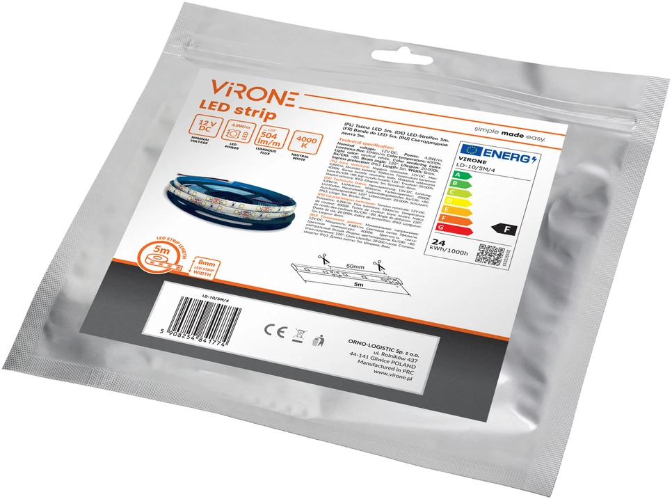 Orno Taśma LED juosta 12V, 2835, 60L/m, 430lm/m, 4.8W/m, IP63, 4000K, 5m