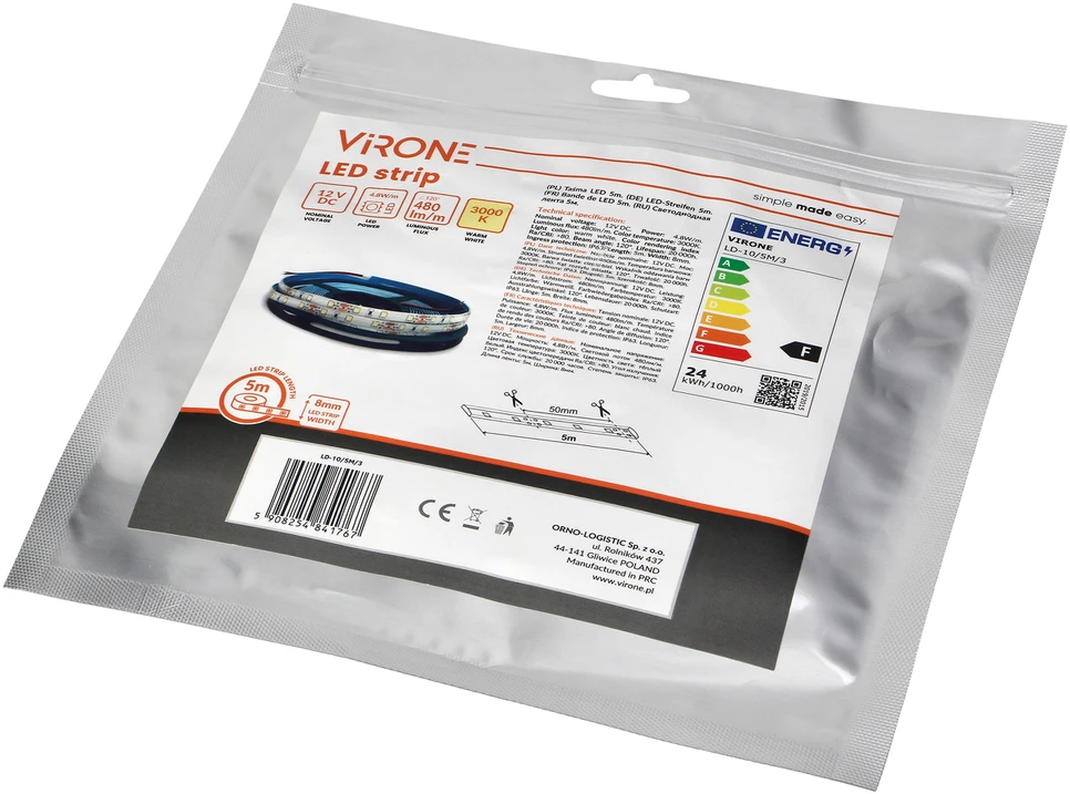 Orno Taśma LED juosta 12V, 2835, 60L/m, 430lm/m, 4.8W/m, IP63, 3000K, 5m