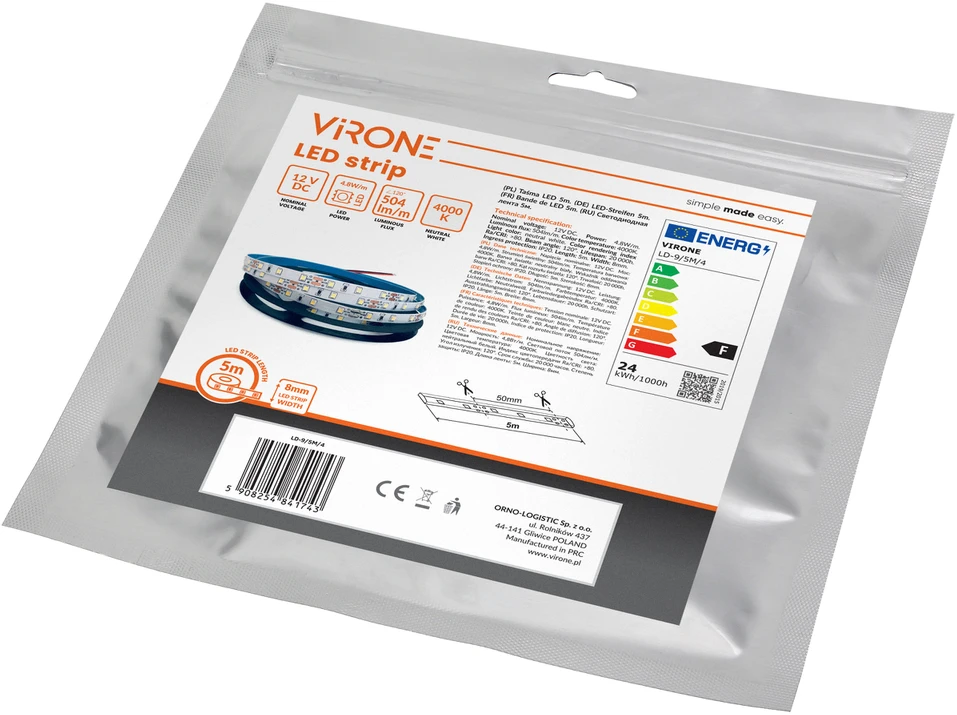 Orno Taśma LED juosta 12V, 2835, 60L/m, 500lm/m, 4.8W/m, IP20, 4000K, 5m