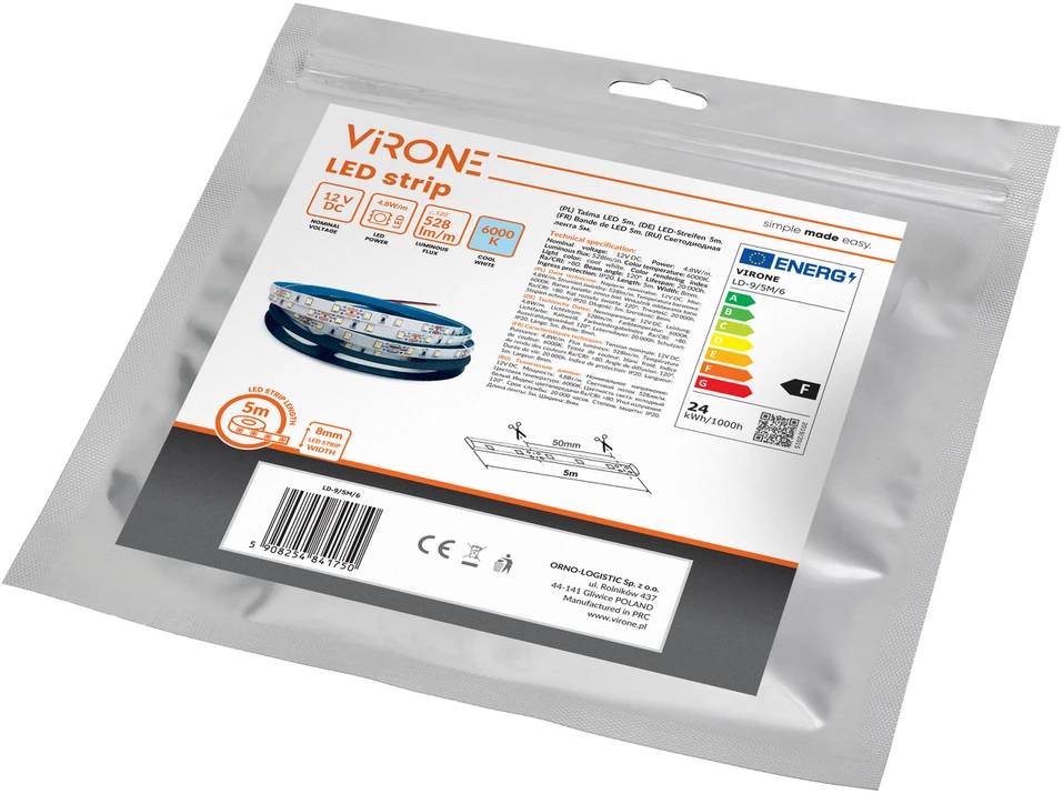 Orno Taśma LED juosta 12V, 2835, 60L/m, 500lm/m, 4.8W/m, IP20, 6000K, 5m