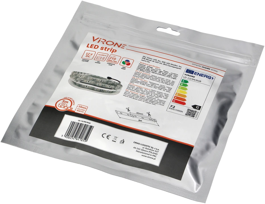 Orno Taśma LED juosta 12V, 5050, 60L/m, 210lm/m, 14.4W/m, IP63, RGB, 5m