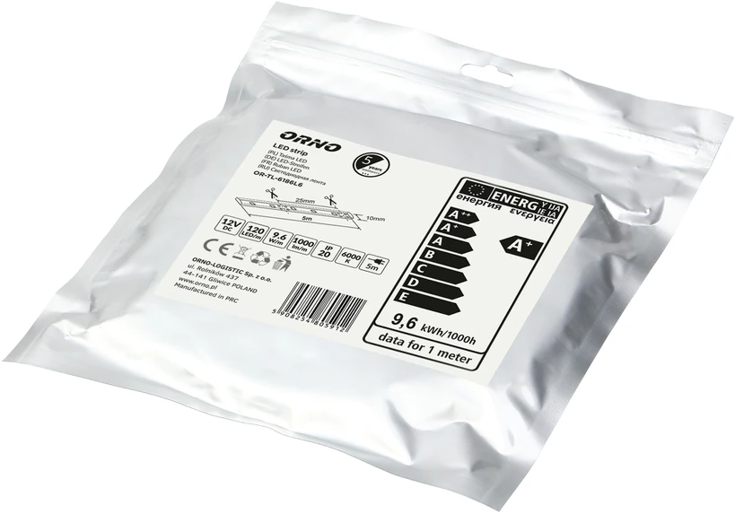 Orno Taśma LED juosta 12V DC, 2835smd, 120LED/m, 9.6W/m, IP20, 6000K, 5m ritinėlis