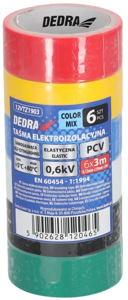 Dedra Taśma PVC elektros izoliacinės juostos mišinys, 19 mm x 3 m, 6 vnt. rinkinys