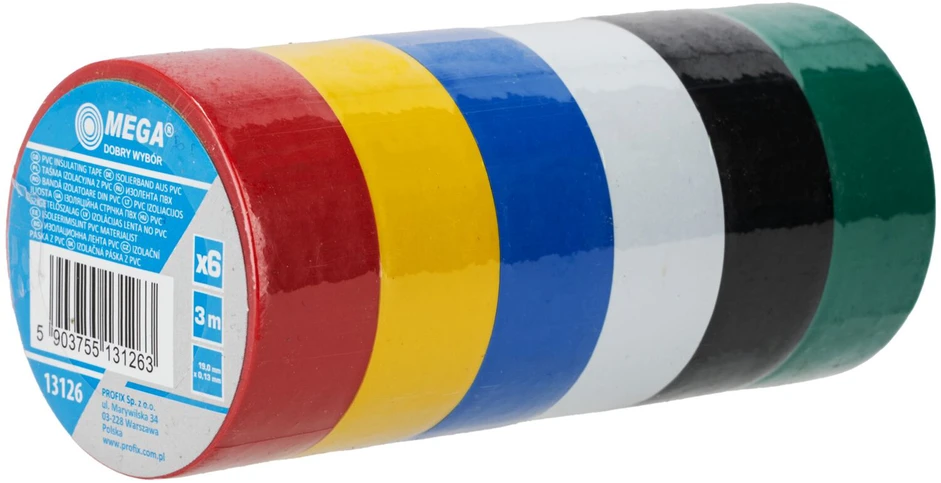 Mega Taśma PVC izoliacinė juosta 19 mm * 0,13 mm * 3 m - 6 vnt.
