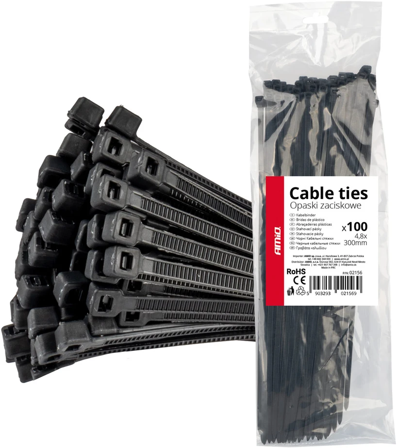 Kabelių raištelių juostos, juodos, 4,8 x 300 mm - 100 vnt. amio-02156