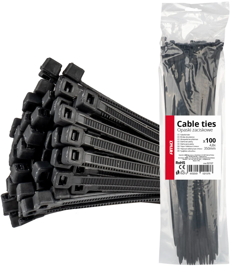 Kabelių raištelių juostos, juodos, 4,8 x 350 mm - 100 vnt. amio-02157