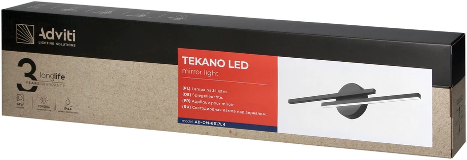 Sieninis šviestuvas Orno TEKANO LED 14W, veidrodinis šviestuvas, 1540lm, 4000K, IP44, ilgis 55 cm, aliuminis, juodas