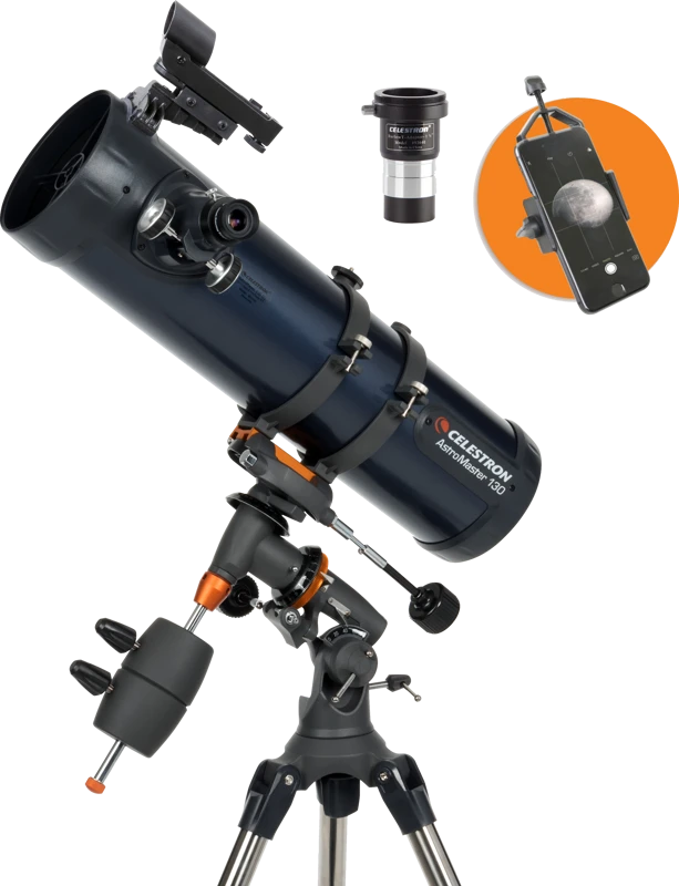 Celestron AstroMaster 130EQ reflektorinis teleskopas su išmaniojo telefono adapteriu ir T2