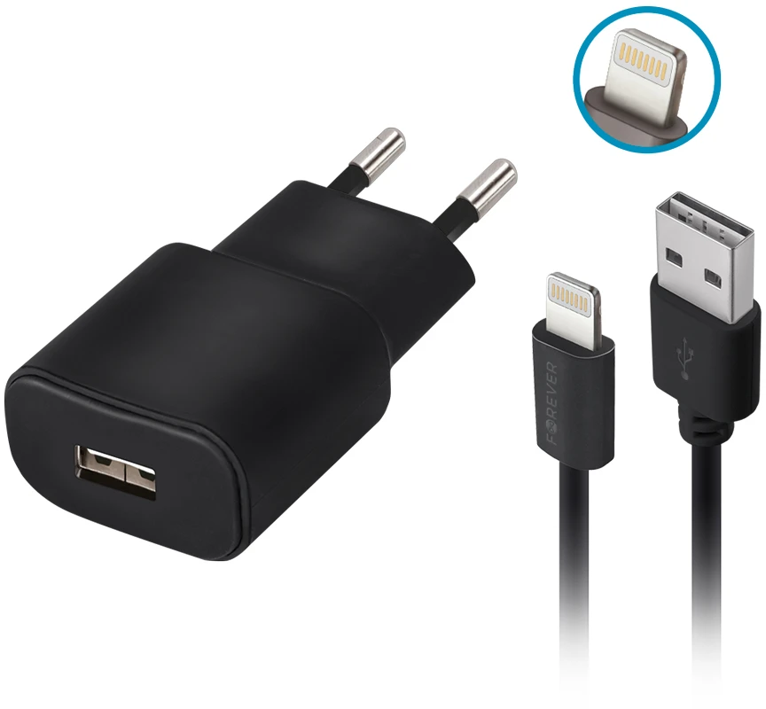 TelForceone Forever TC-01 įkroviklis 1x USB 2A juodas + Lightning laidas