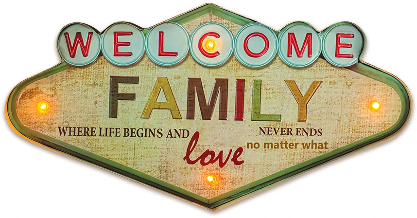 Sieninis šviestuvas TelForceone RETRO Metal Sign LED Welcome Family"Forever" šviesiai