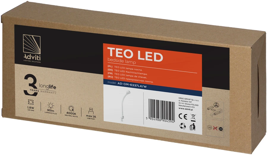 Orno TEO LED naktinė lempa, 1,8/7,5 W, 90 lm, 4000 K, su USB, balta
