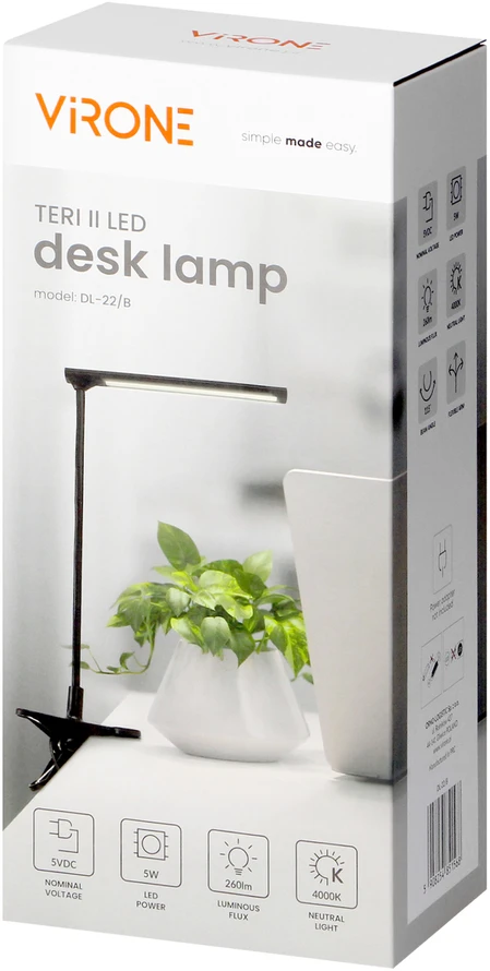TERI II LED, stalinė lempa su segtuku, 5 W, 260 lm, 4000 K, juoda