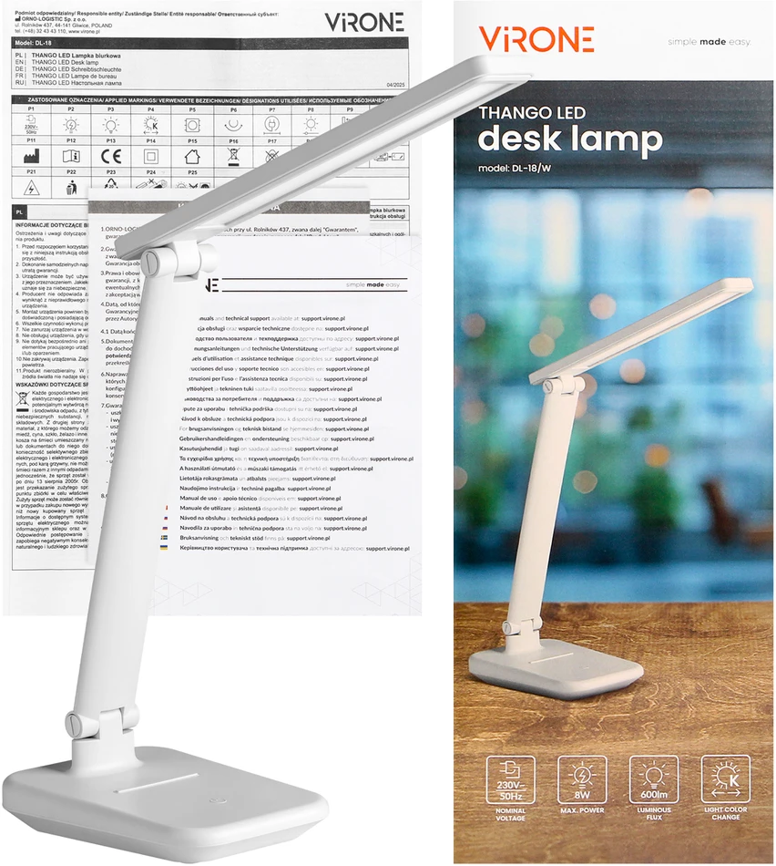 Orno THANGO LED, stalinė lempa, 8 W, 600 lm, 3000–4000–6000 K, keičianti spalvą, reguliuojamo ryškumo, balta