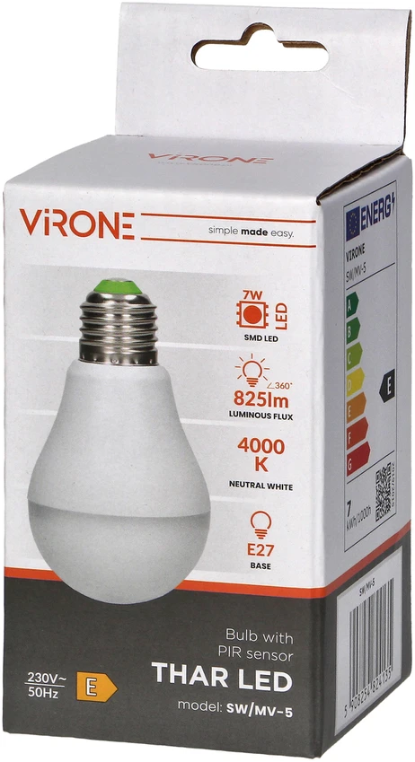Orno THAR LED NEW 7W A60 lemputė su mikrobangų judesio jutikliu, 600lm, 4000K, E27