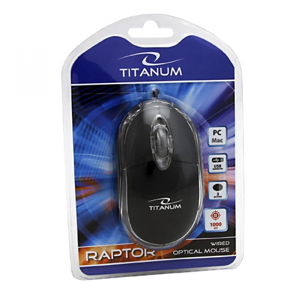 ESPERANZA TM102K - 5905784768854 TITANUM TM102K RAPTOR - su laidu USB Optinė pelė 3D 1000 DPI Juodas BLISTER