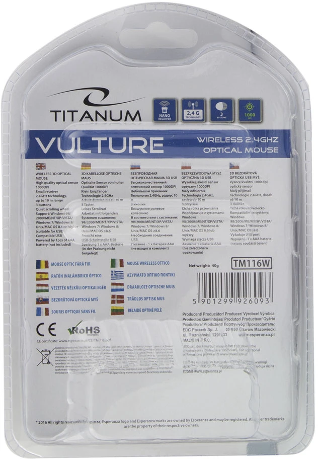 Belaidė optinė pelė Esperanza TITANUM TM116W VULTURE - 3D | 2.4 GHz| 1000 DPI