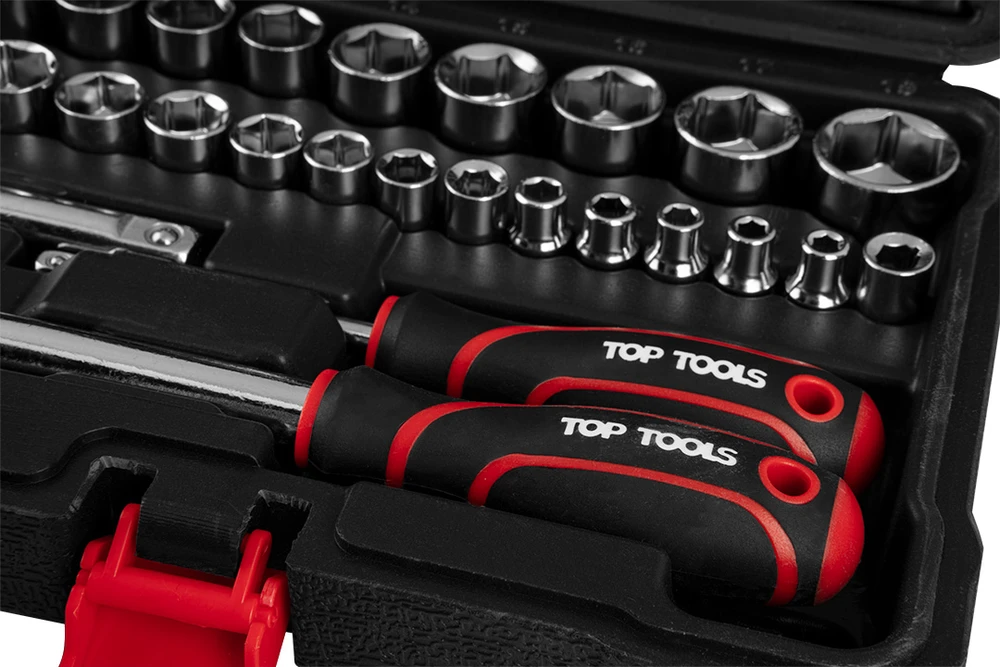 TOPTOOLS Antgalių ir galvučių rinkinys su tekškle TOP TOOLS, 3/8", su atsuktuvu, terkšle ir raktais, 63 vnt.