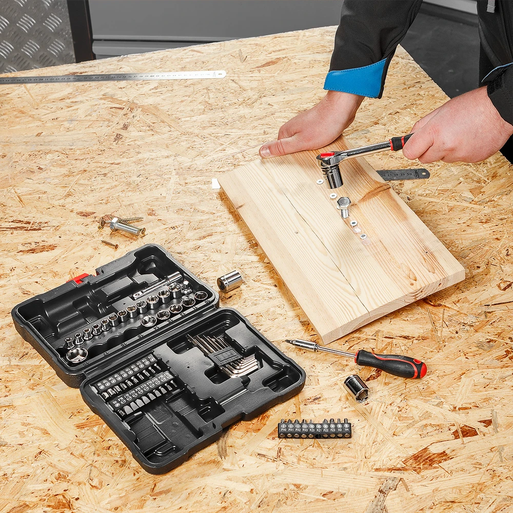 TOPTOOLS Antgalių ir galvučių rinkinys su tekškle TOP TOOLS, 3/8", su atsuktuvu, terkšle ir raktais, 63 vnt.