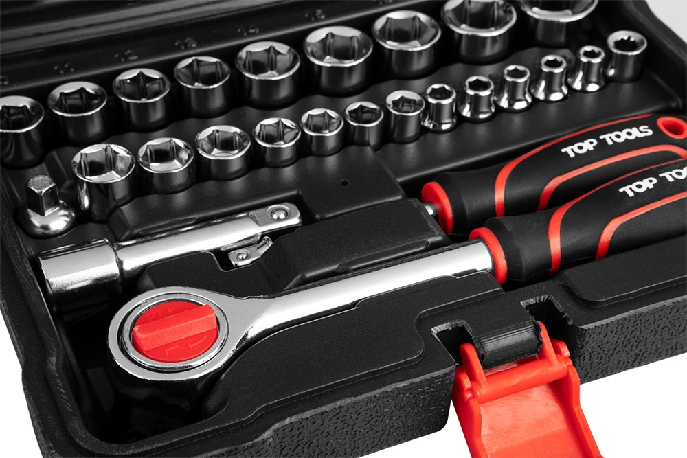 TOPTOOLS Antgalių ir galvučių rinkinys su tekškle TOP TOOLS, 3/8", su atsuktuvu, terkšle ir raktais, 63 vnt.