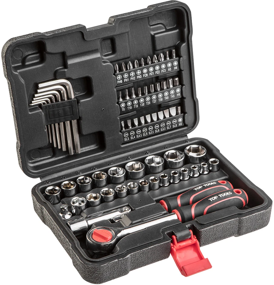 TOPTOOLS Antgalių ir galvučių rinkinys su tekškle TOP TOOLS, 3/8", su atsuktuvu, terkšle ir raktais, 63 vnt.