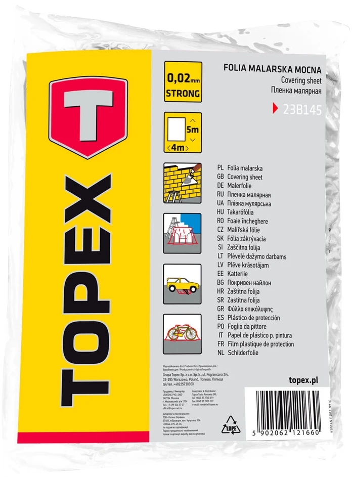 Folia LDPE dažymo plėvelė, 0,02 mm, 4 x 5 m