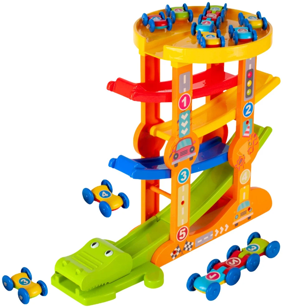Lean Toys Automobiliukų trasa su paleidėju 5 lygiai