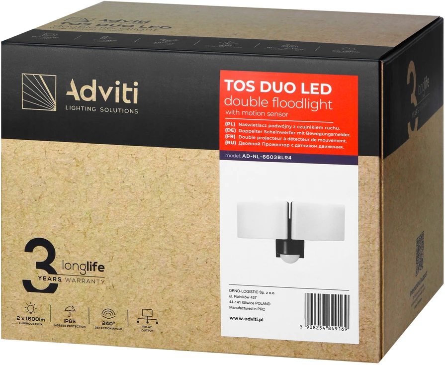 Orno TOS DUO LED 2x20W dvigubas sodo prožektorius su PIR, 2x1600lm, IP65, 4000K, PC, juodas