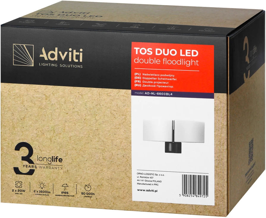 Orno TOS DUO LED 2x20W dvigubas sodo prožektorius, 2x1600lm, IP65, 4000K, PC, juodas