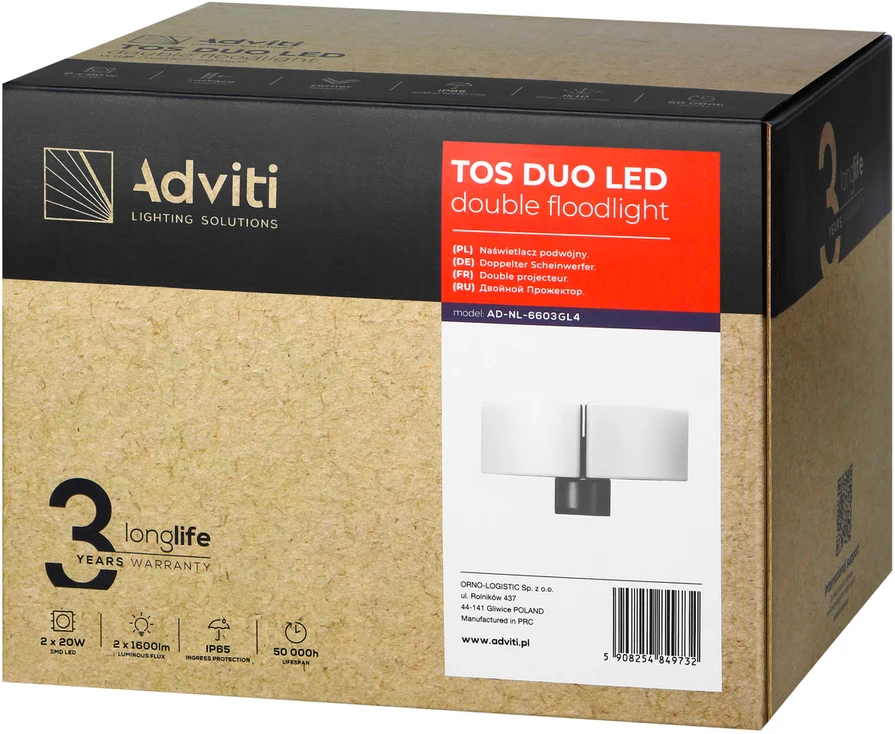 Orno TOS DUO LED 2x20W dvigubas sodo prožektorius, 2x1600lm, IP65, 4000K, PC, pilkas