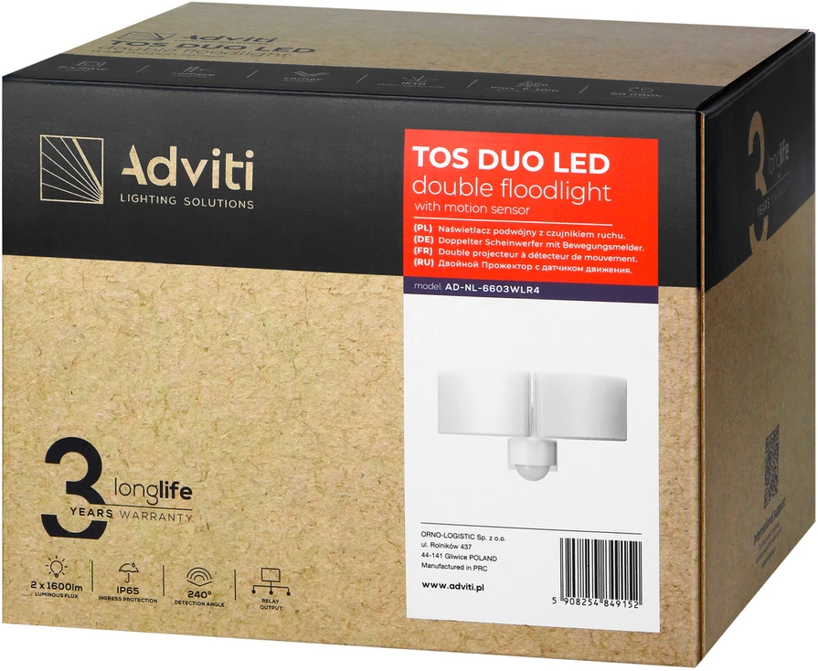 Orno TOS DUO LED 2x20W dvigubas sodo prožektorius su PIR, 2x1600lm, IP65, 4000K, PC, baltas