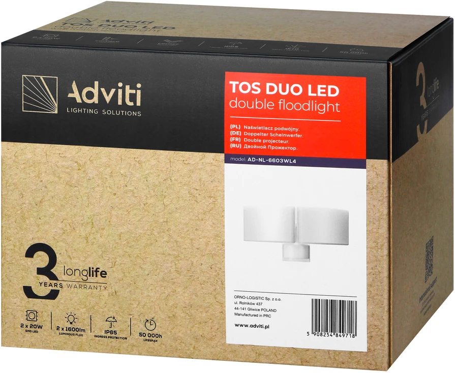 Orno TOS DUO LED 2x20W dvigubas sodo prožektorius, 2x1600lm, IP65, 4000K, PC, baltas