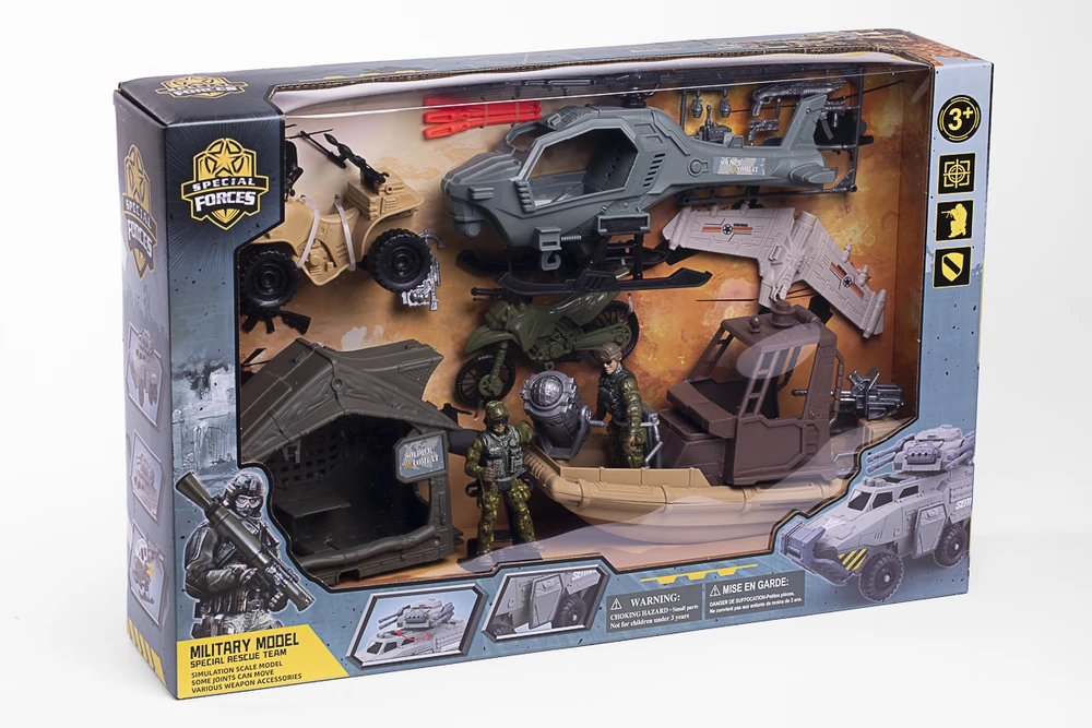 Toymax Specialiųjų pajėgų karinis rinkinys su valtimi, sraigtasparniu, keturračiu ir priedais (520374)