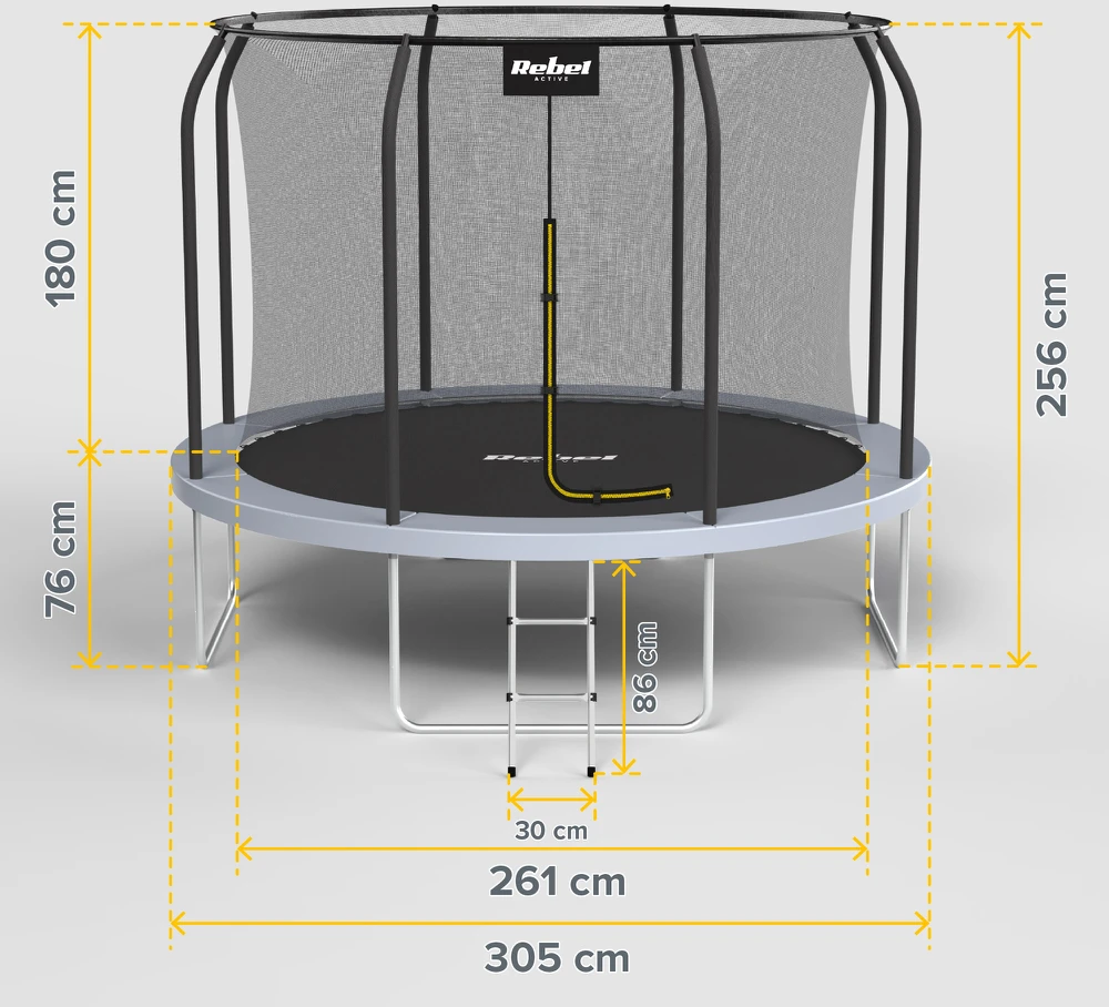 Trampolina Rebel Active PRO batutas 10ft / 305cm, tinklas, kopėčios