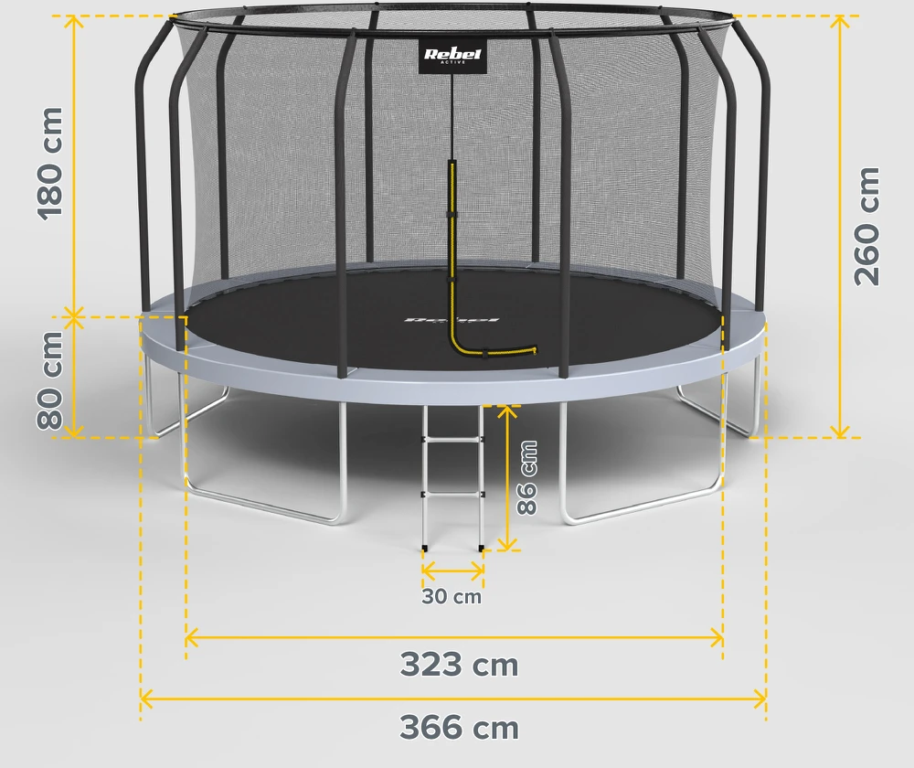 Trampolina „Rebel Active PRO“ batutas 12 pėdų / 366 cm, tinklas, kopėčios