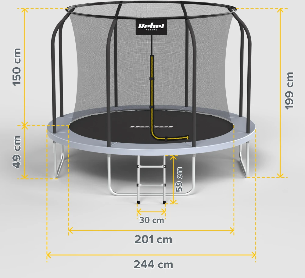 Trampolina Rebel Active PRO batutas 8ft / 244 cm, tinklas, kopėčios