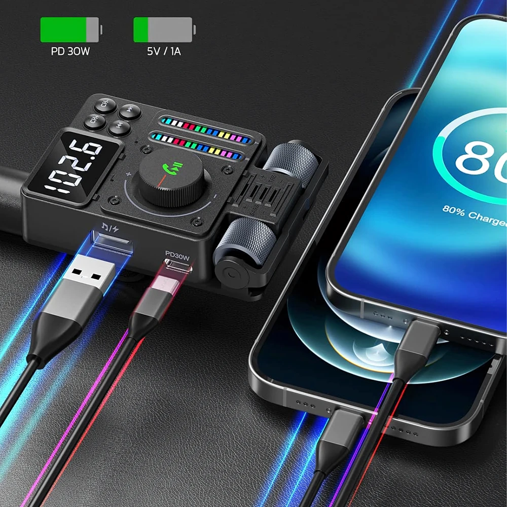Transmiter Automobilinis siųstuvas FM radijas Bluetooth 5.3 PD 30W įkroviklis