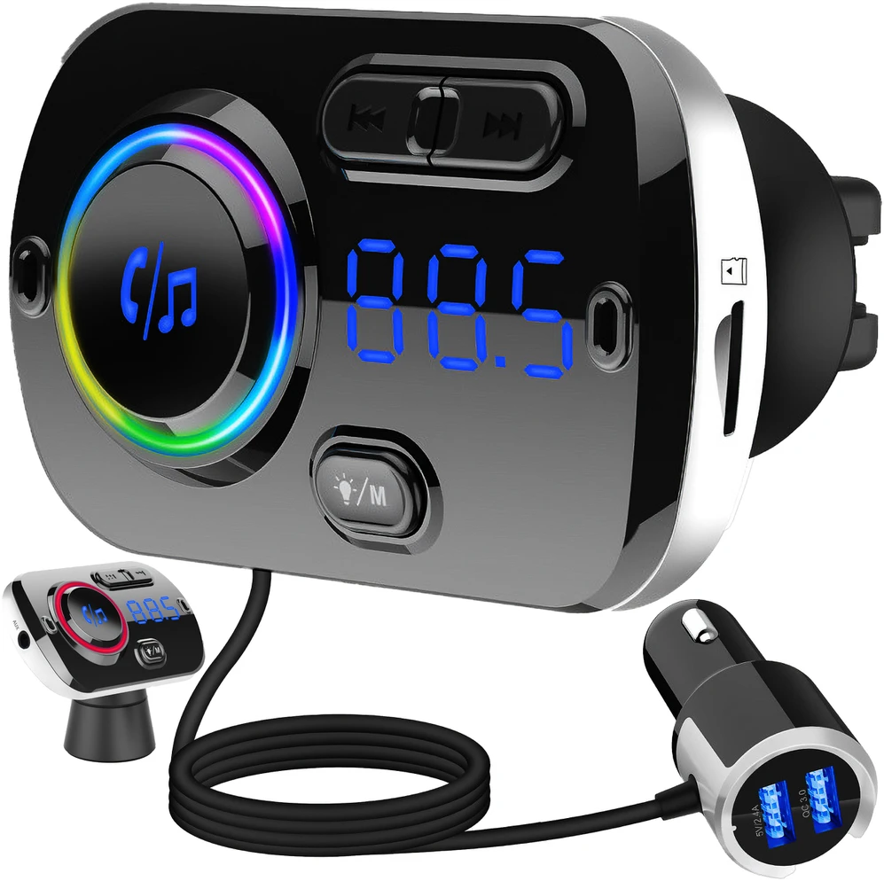 Transmiter „Bluetooth“ FM siųstuvas automobiliui, 2x greitas įkroviklis, USB-C, AUX, skambučiai - E663