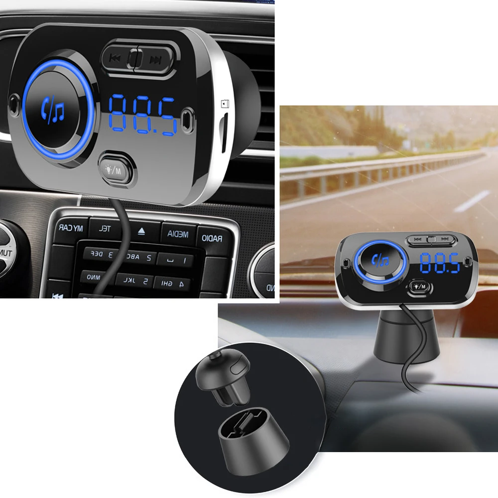 Transmiter „Bluetooth“ FM siųstuvas automobiliui, 2x greitas įkroviklis, USB-C, AUX, skambučiai - E663