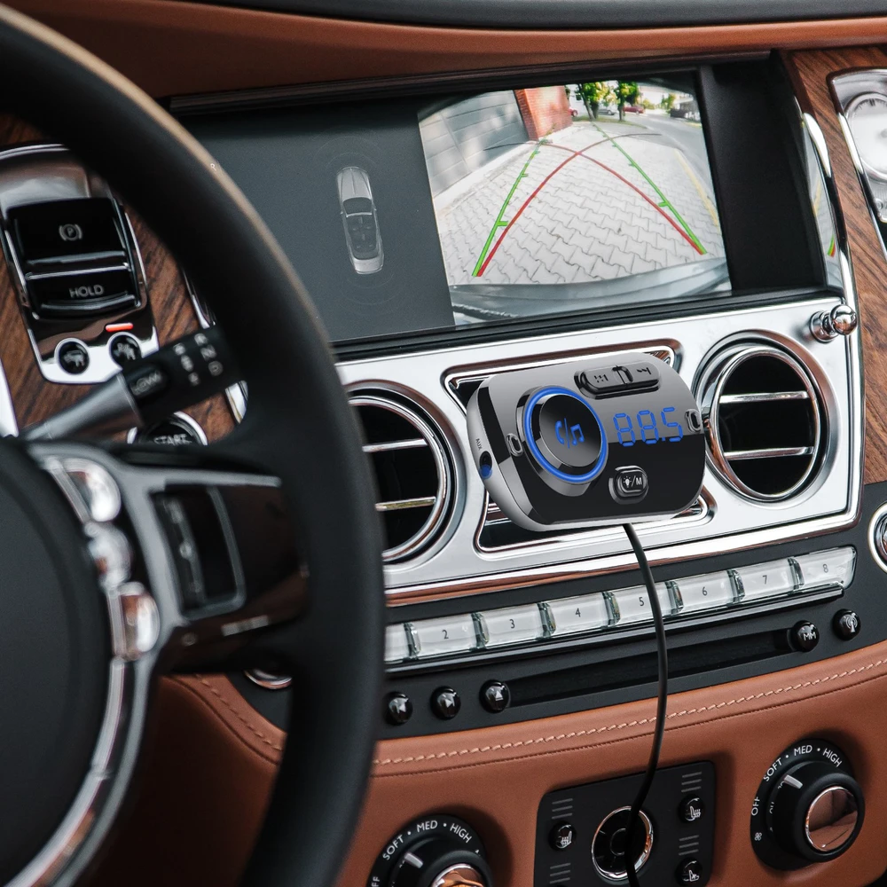 Transmiter „Bluetooth“ FM siųstuvas automobiliui, 2x greitas įkroviklis, USB-C, AUX, skambučiai - E663