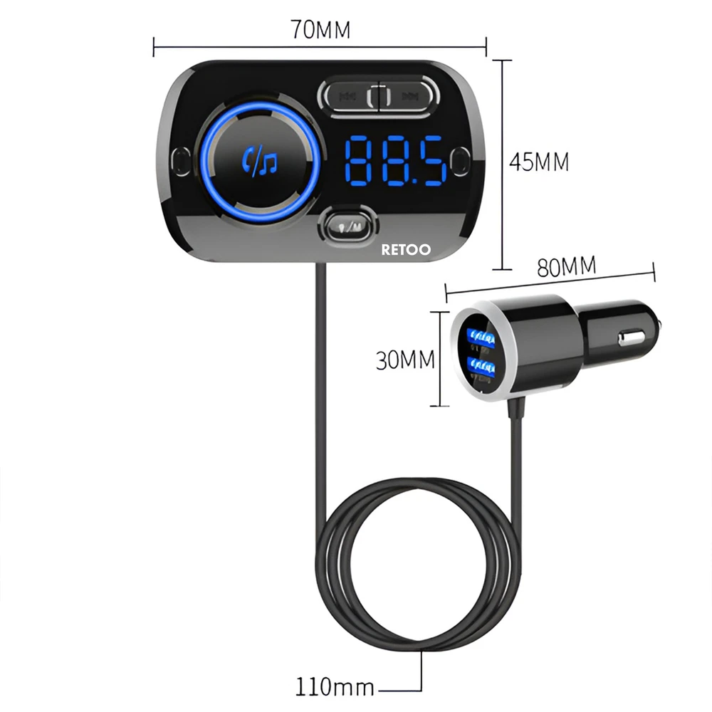 Transmiter „Bluetooth“ FM siųstuvas automobiliui, 2x greitas įkroviklis, USB-C, AUX, skambučiai - E663