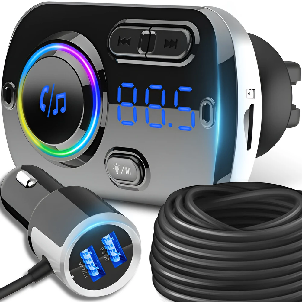 Transmiter „Bluetooth“ FM siųstuvas automobiliui, 2x greitas įkroviklis, USB-C, AUX, skambučiai - E663