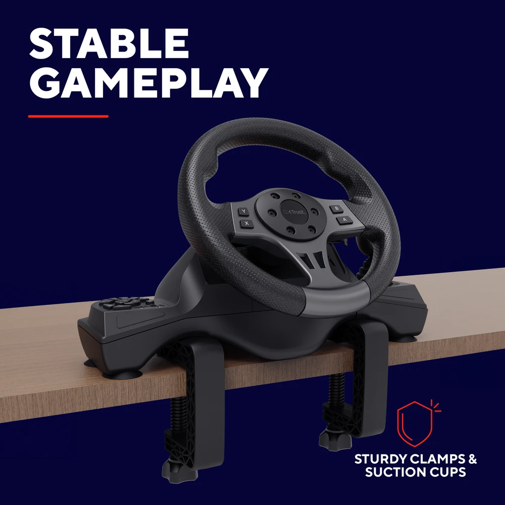 „Trust GXT 289 Movi Juodas“ USB vairas + pedalai, skirti „Nintendo Switch“, „PlayStation 4“, „XBOX One S“, „XBOX One X“, „XBOX Series S“, „XBOX Series X“