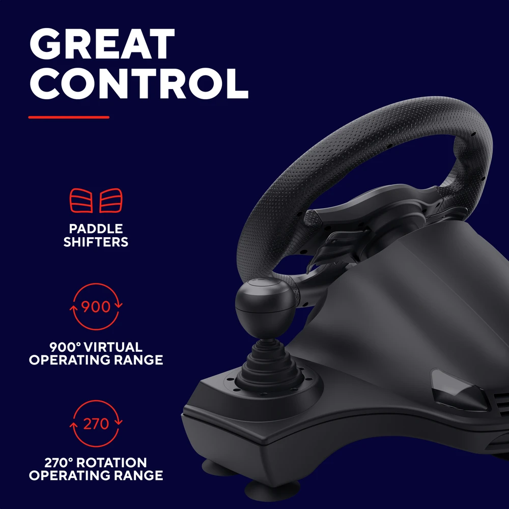 „Trust GXT 289 Movi Juodas“ USB vairas + pedalai, skirti „Nintendo Switch“, „PlayStation 4“, „XBOX One S“, „XBOX One X“, „XBOX Series S“, „XBOX Series X“